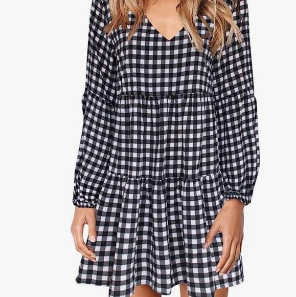 Women's V Neck Long Sleeve Plaid Printed Tunic Dress Small - Picture 7 of 10